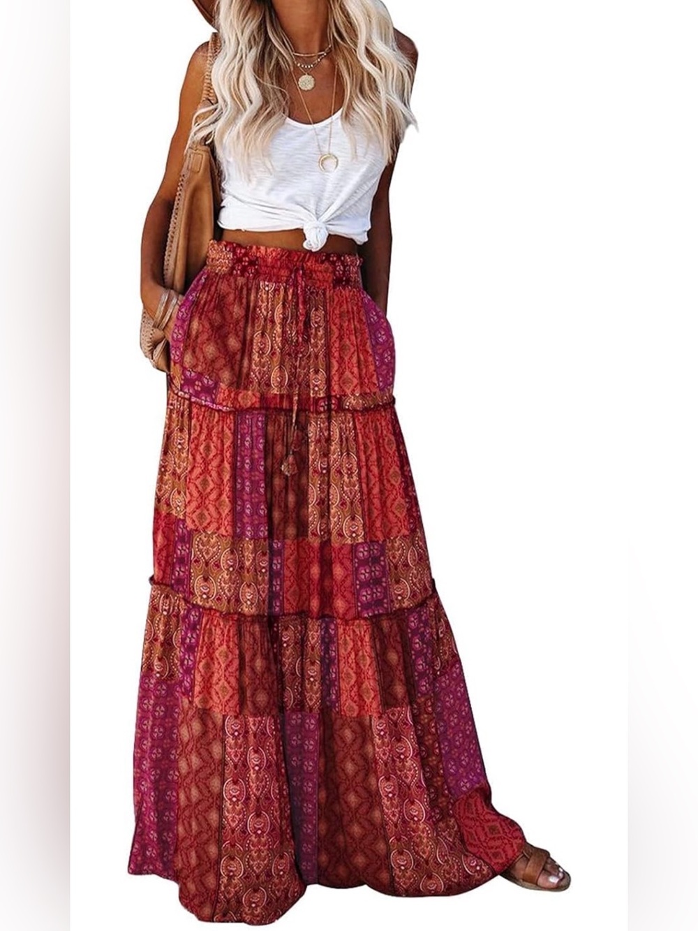 Boho Tiered Patchwork Maxi Skirt - Red & Purple